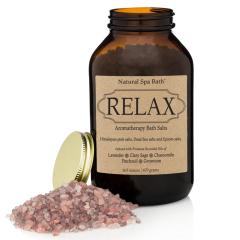Relax Aromatherapy Bath Salts Gift Set - Stress Relieving with Essential Oils includes Exfoliating Gloves - Natural Spa Bath - 1